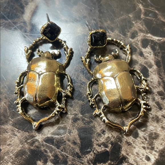 Gold Beatle Insect Earrings - Picture 10 of 14